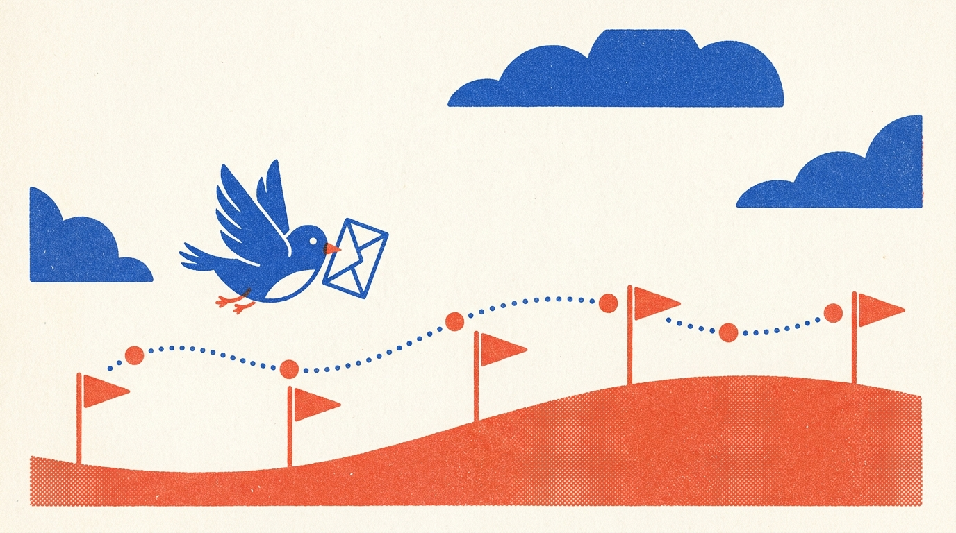 A messenger bird flies a dotted path past five milestone flags.